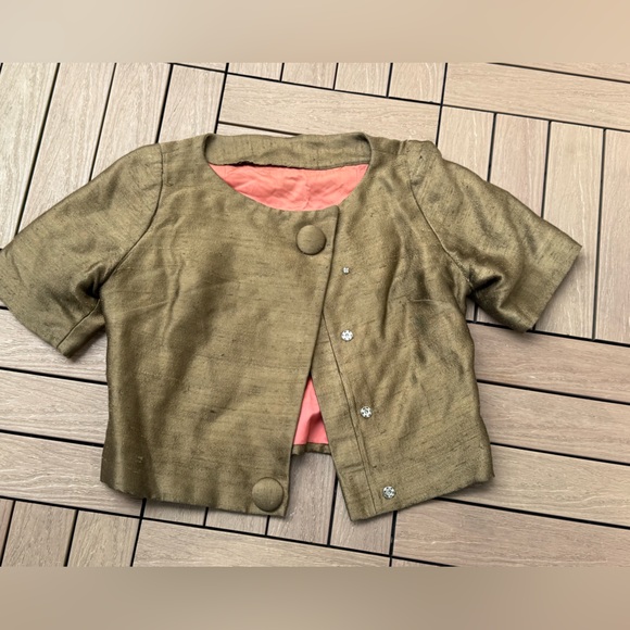 1960 cropped jacket olive green textured short sleeve silk - Picture 6 of 7